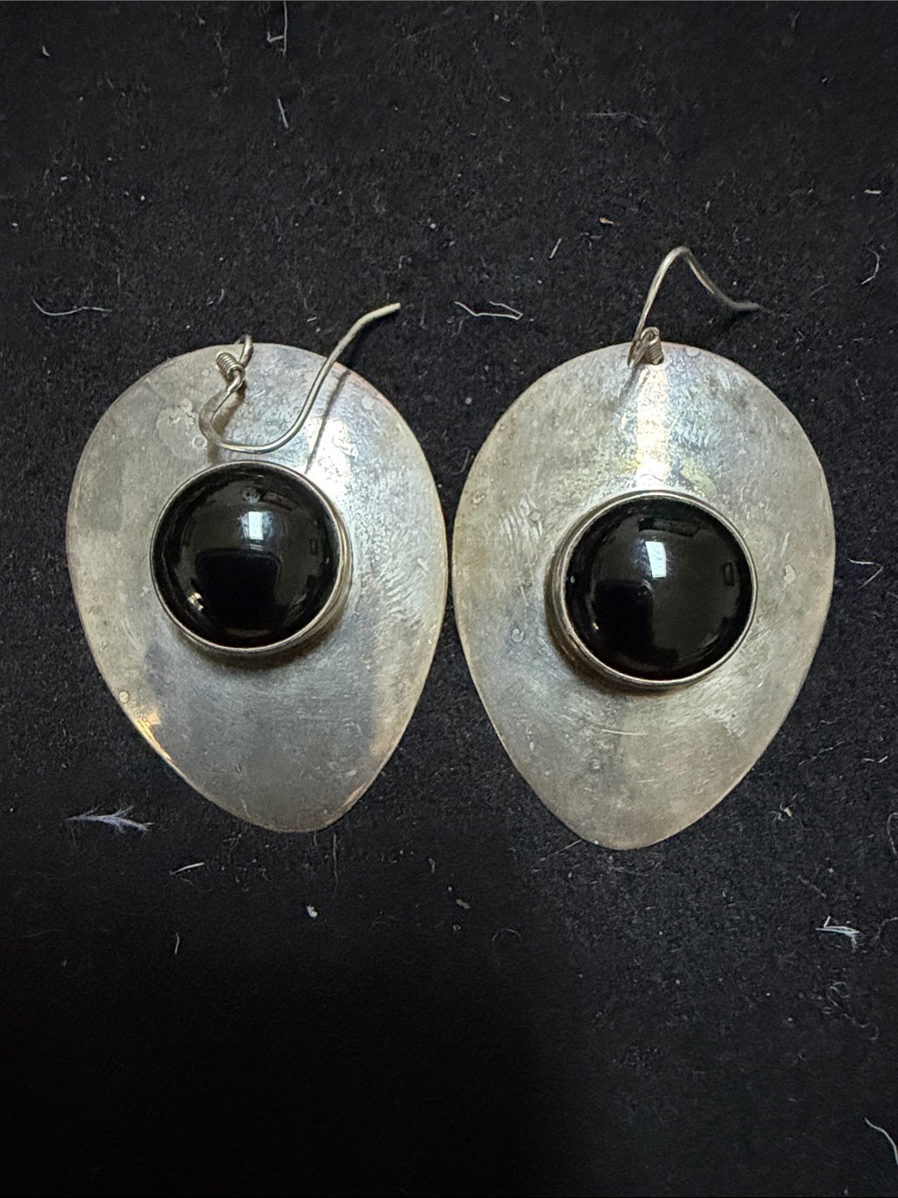 Vintage Source Unknown Silver Teardrop Earrings with Black Cabochons